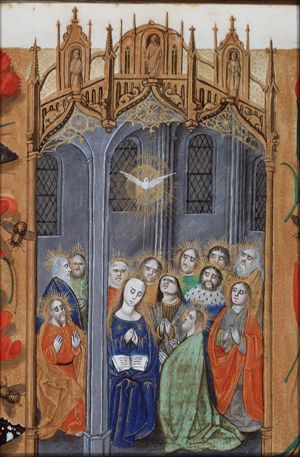 Pentecost: the Holy Spirit descends upon Mary and the apostles