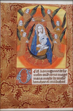 Madonna: Mary on the crescent, holding the Christ-child, being crowned by two angels