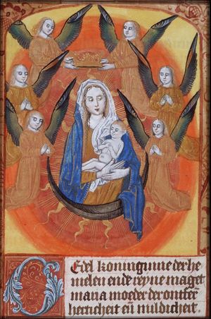Madonna: Mary on the crescent, holding the Christ-child, being crowned by two angels