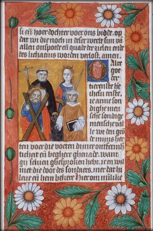 St. Dominic of Calerueja holding a crucifix, the devil at his feet, St. Catherine of Alexandria holding a wheel and a sword, St. Andrew holding the X-shaped cross and St. Laurence of Rome holding a gridiron and a book