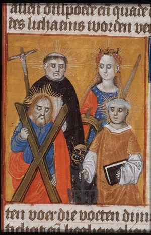 St. Dominic of Calerueja holding a crucifix, the devil at his feet, St. Catherine of Alexandria holding a wheel and a sword, St. Andrew holding the X-shaped cross and St. Laurence of Rome holding a gridiron and a book