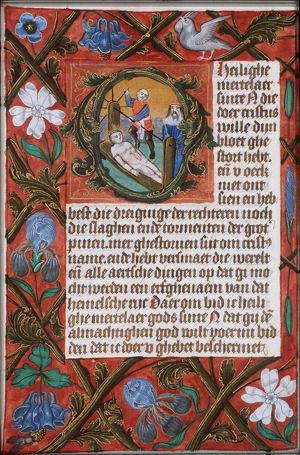 The martyrdom of St. Erasmus of Formiae: his bowels are wound on to a windlass