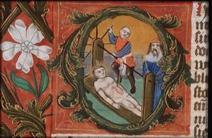 The martyrdom of St. Erasmus of Formiae: his bowels are wound on to a windlass