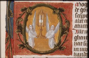 Two angels showing the Holy Sacrament