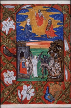 The Last Judgement: Christ on a rainbow with Mary and St. John, St. Peter receives the blessed in heaven, represented as a castle with trumpeting angels, represented as a castle with trumpeting angels, the damned are thrown into hell, the damned thrown into hell