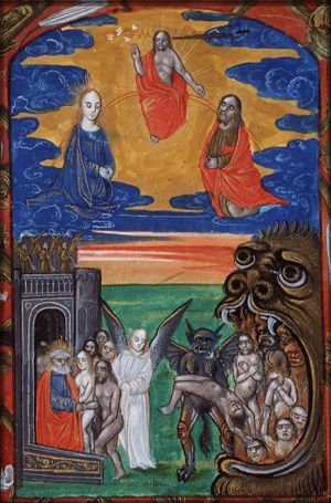 The Last Judgement: Christ on a rainbow with Mary and St. John, St. Peter receives the blessed in heaven, represented as a castle with trumpeting angels, represented as a castle with trumpeting angels, the damned are thrown into hell, the damned thrown into hell