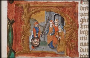 David carrying the head of Goliath, is welcomed by the women of Israel