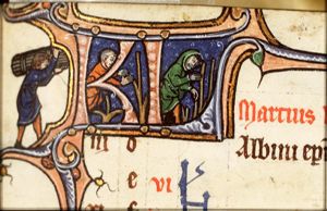 March: men pruning trees. A man pruning a tree. Aries (see details)