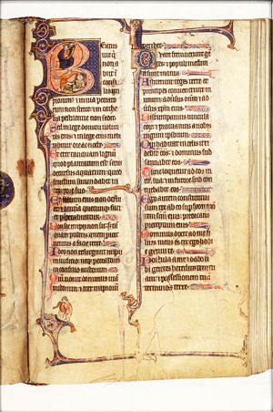 David playing the harp; David and Goliath: David beheads Goliath with his sword