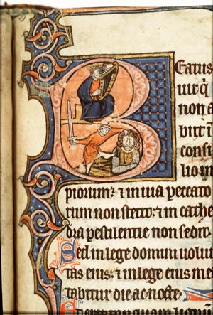 David playing the harp; David and Goliath: David beheads Goliath with his sword