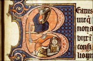 David playing the harp; David and Goliath: David beheads Goliath with his sword