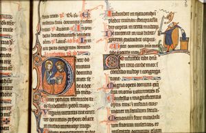 Abraham sacrifices Isaac, an angel restrains his sword