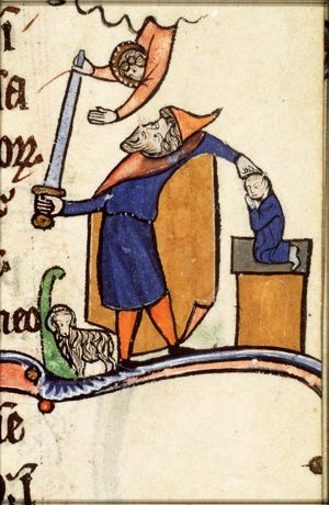 Abraham sacrifices Isaac, an angel restrains his sword