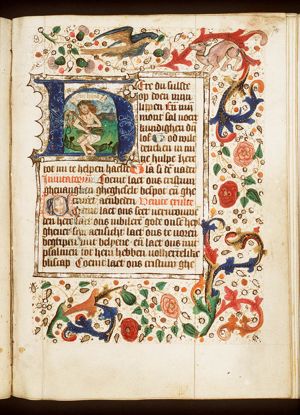Man of Sorrows: Christ sitting on the ground, holding scourge and reed