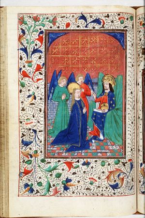 God with orb and crown, blessing Mary, who kneels in front of him (Coronation of Mary?)