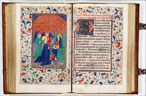 God with orb and crown, blessing Mary, who kneels in front of him (Coronation of Mary?)
