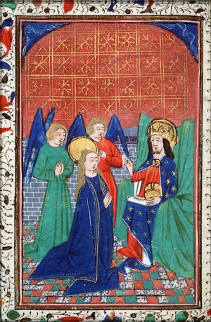 God with orb and crown, blessing Mary, who kneels in front of him (Coronation of Mary?)