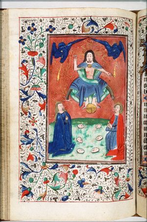 The Last Judgement: Christ on a rainbow raises the dead in the presence of Mary and St. John the Baptist; trumpeting angels