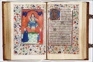 The Last Judgement: Christ on a rainbow raises the dead in the presence of Mary and St. John the Baptist; trumpeting angels