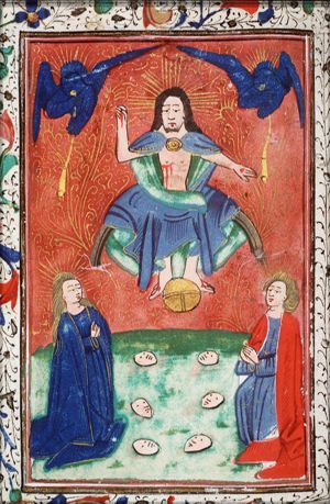 The Last Judgement: Christ on a rainbow raises the dead in the presence of Mary and St. John the Baptist; trumpeting angels
