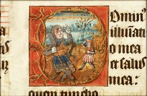 David and Goliath: David kills Goliath with a stone from his sling