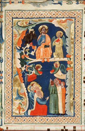 Christ enthroned between the symbols of the four evangelists and adored by saints and lay-people