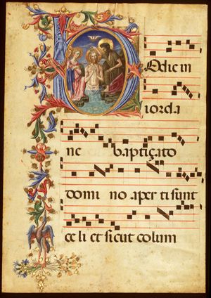 The baptism of Christ by St. John the Baptist, an angel holds Christ's robe
