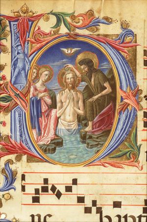 The baptism of Christ by St. John the Baptist, an angel holds Christ's robe