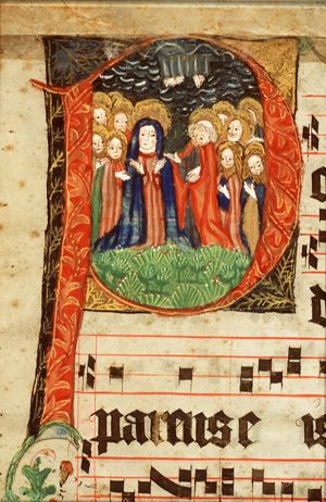 The Ascension: Christ ascends into heaven above Mary and the apostles