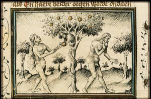 The fall of man: Eve takes the fruit from the serpent in the presence of Adam