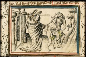 Expulsion of Adam and Eve from paradise by an angel with a (flaming) sword