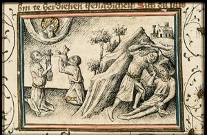 The sacrifices of Cain and Abel: Abel offers a lamb, Cain a sheaf of corn; Cain slays Abel with a jaw-bone