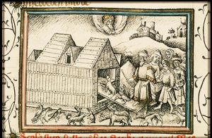 Noah enters the ark with his family and the animals