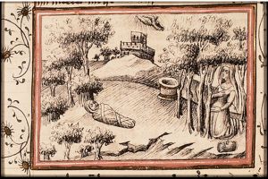 An angel reveals a well of water to Hagar and Ishmael in the wilderness