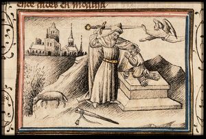 Abraham sacrifices Isaac, an angel restrains his sword