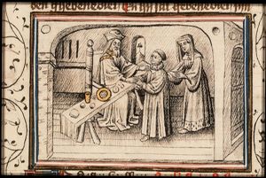 Isaac, sitting at a laid table, blesses Jacob who, disguised in Esau's clothes, brings food to his father, in the presence of Rebekah