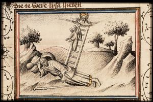 The dream of Jacob: while sleeping on the ground with a stone for pillow Jacob sees a ladder reaching from earth to heaven, an angel descending, God at the top of the ladder