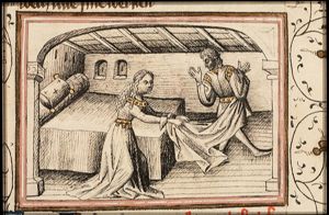 Joseph and Potiphar's wife: Joseph escapes leaving his cloak behind