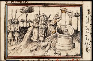 Moses waters the sheep of the priest of Midian