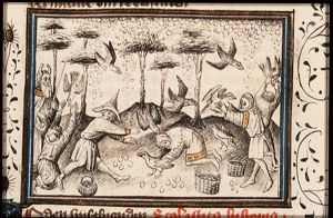 The miracle of the manna: the manna is gathered in baskets and the quails fly into the camp