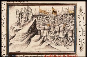 Moses arms are raised to make Joshua victorious over the Amalekites