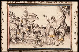 The adoration of the Golden Calf; Moses breaks the Tables of the Law