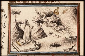 Moses asks to see the glory of the Lord: standing on a cliff, he sees God from behind