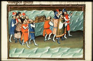 The Israelites carry the Ark of the Covenant over the Jordan