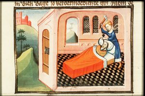 Jael kills Sisera by hitting a nail through his head