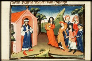 Jephthah, returning from victory, meets his daughter and rends his clothes