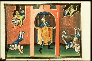 Samson breaks the pillars of the temple, killing the feasting Philistines