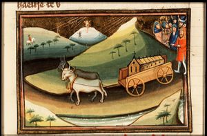 The Ark of the Covenant, drawn by two cows, is sent back to Israel