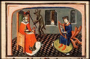 Saul, troubled by an evil spirit, is soothened by David's harp playing