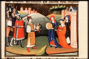 David carrying the head of Goliath, is welcomed by the women of Israel